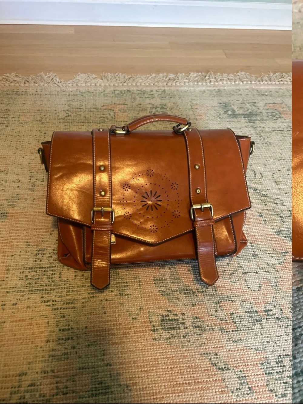 Brown Leather Laptop Satchel with Perforated Accent